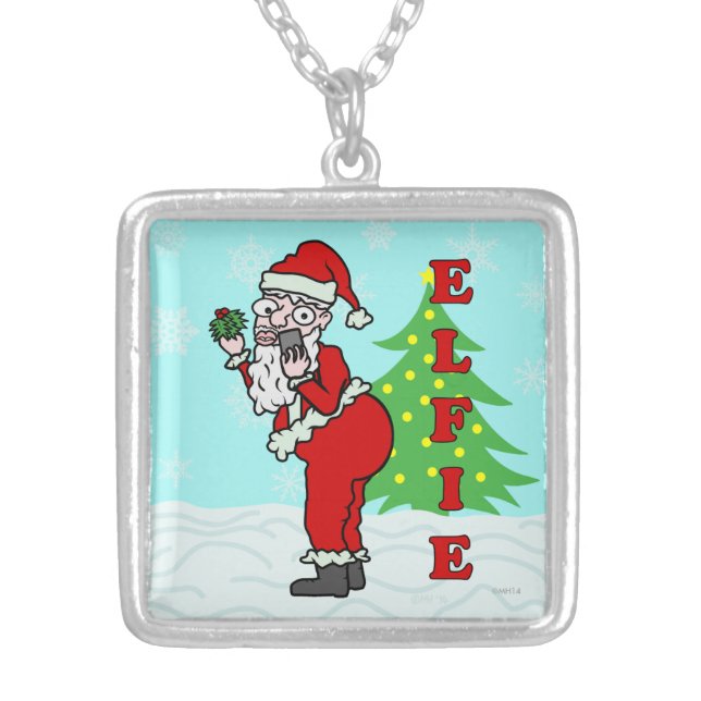 Funny Christmas Santa Elfie Silver Plated Necklace (Front)