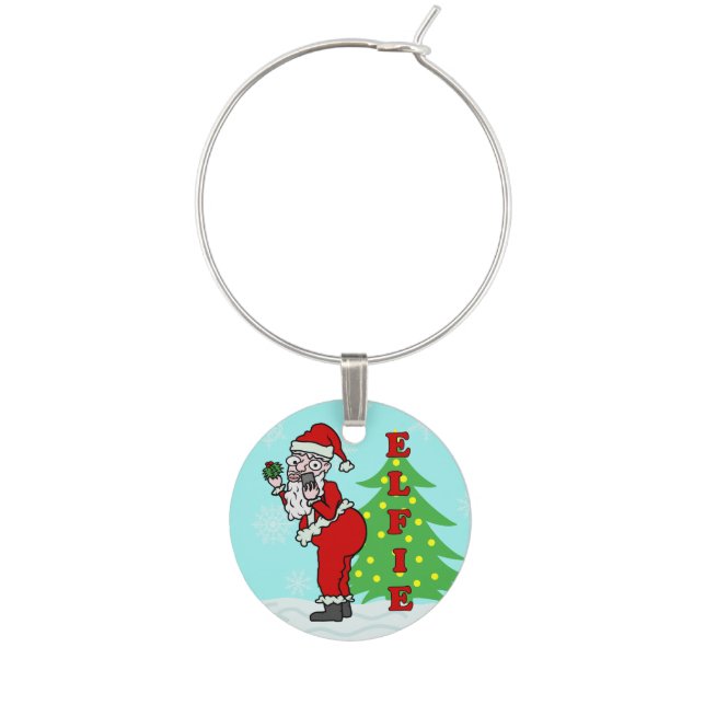 Funny Christmas Santa Elfie Wine Charm (Front)