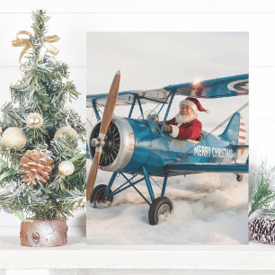 Funny Christmas Santa flies Airplane Pilot Photo  Postcard