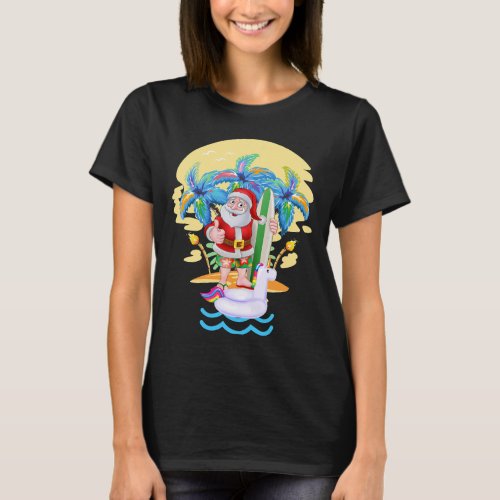 Funny Christmas Santa Hawaiian Unicorn Beach Surf  T_Shirt