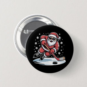 Funny Christmas Santa Playing Ice Hockey Xmas  Button