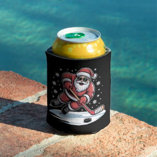 Funny Christmas Santa Playing Ice Hockey Xmas Can Cooler