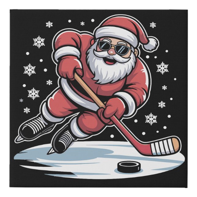 Funny Christmas Santa Playing Ice Hockey Xmas  Faux Canvas Print (Front)