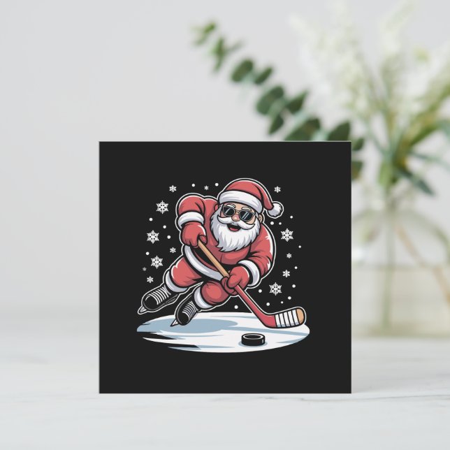 Funny Christmas Santa Playing Ice Hockey Xmas  Invitation (Standing Front)