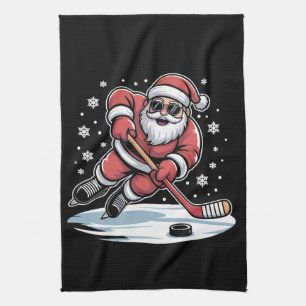 Funny Christmas Santa Playing Ice Hockey Xmas Kitchen Towel