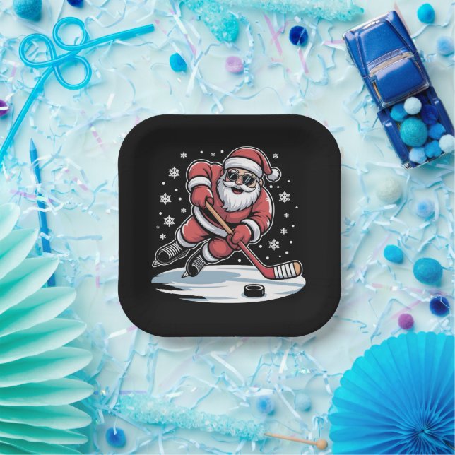 Funny Christmas Santa Playing Ice Hockey Xmas  Paper Plates (Party)