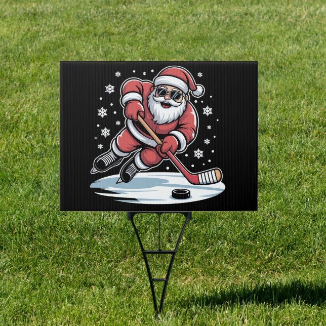 Funny Christmas Santa Playing Ice Hockey Xmas  Sign (Insitu)