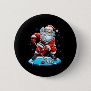 Funny Christmas Santa Playing Ice Hockey Xmas Spor Button