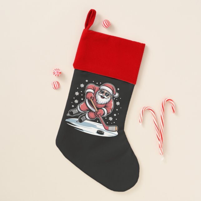 Funny Christmas Santa Playing Ice Hockey Xmas  Stocking (Front)