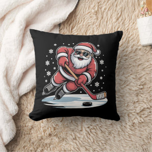 Funny Christmas Santa Playing Ice Hockey Xmas  Throw Pillow