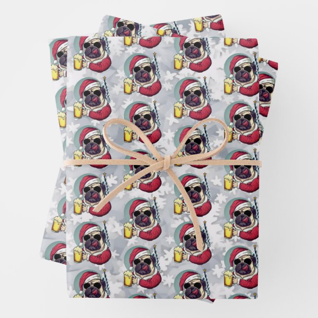 Funny Christmas Santa Pug Having a Cool Beer Wrapping Paper Sheets (In situ)