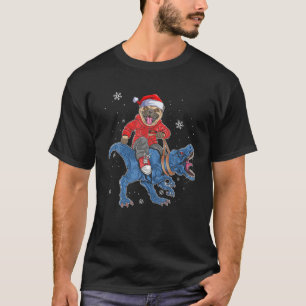 Funny Christmas Santa Pug Riding Blue T - Rex T-Shirt