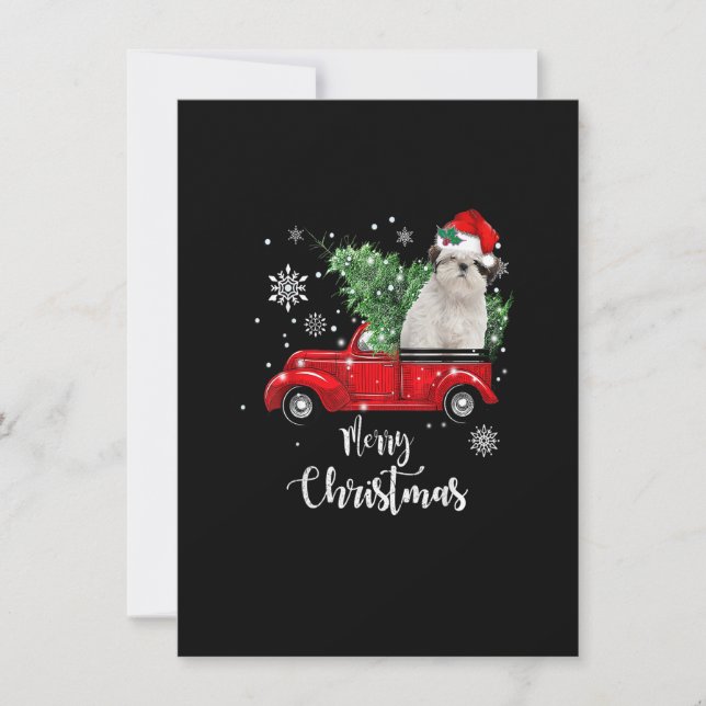 Funny Christmas Santa Shih Tzu Ride Red Truck Xmas Invitation (Front)