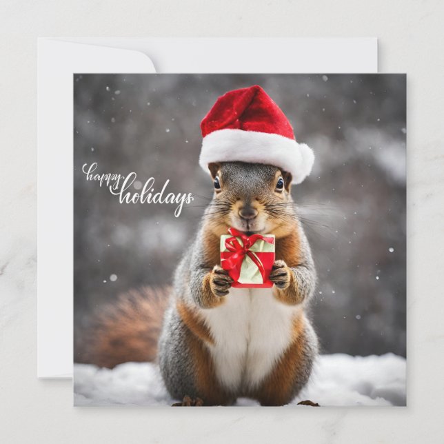 Funny Christmas Santa Squirrel with Present Holiday Card (Front)