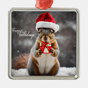 Funny Christmas Santa Squirrel with Present Metal Ornament