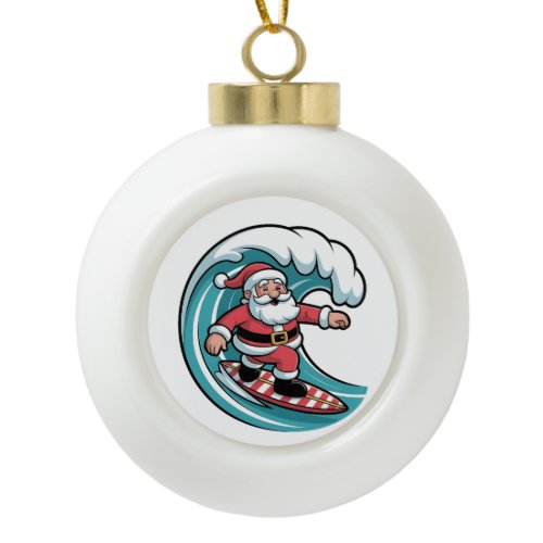 Funny Christmas Santa Surfing Board Surf Ceramic Ball Christmas Ornament