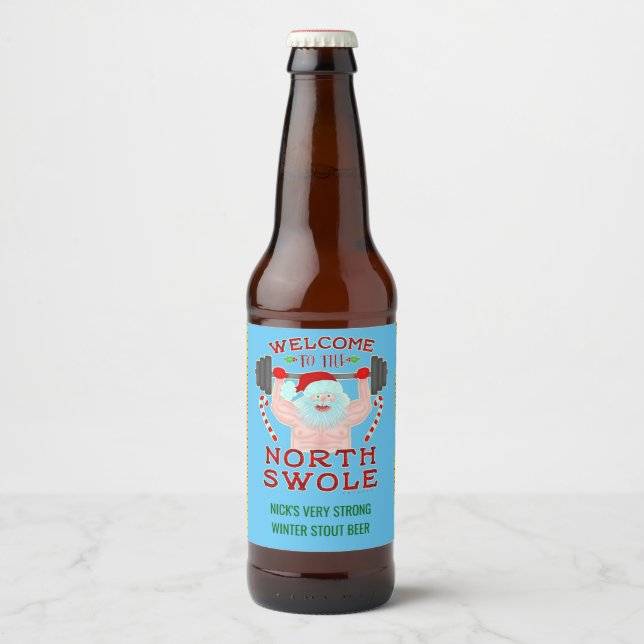 Funny Christmas Santa Swole Weightlifter Homebrew Beer Bottle Label (Front)