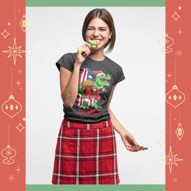 Funny Christmas Santa T Rex Tyrannosaurus Xmas T-Shirt (Front)