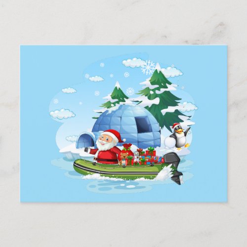 Funny Christmas Santa with Gifts in the Boat  Holiday Postcard