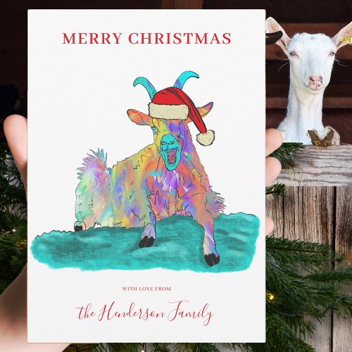 Funny Christmas Screaming Goat Wearing a Santa Hat Holiday Card