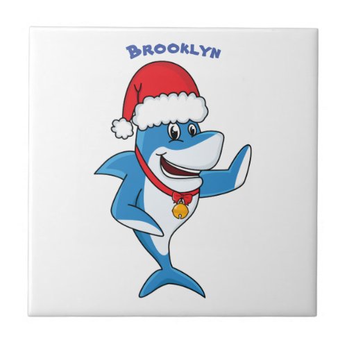 Funny Christmas shark cartoon illustration Ceramic Tile