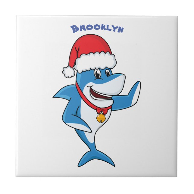 Funny Christmas shark cartoon illustration Ceramic Tile (Front)