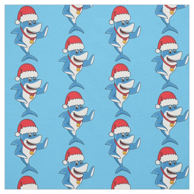 Funny Christmas shark cartoon illustration Fabric (Swatch)