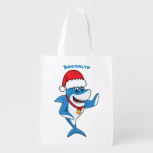Funny Christmas shark cartoon illustration Grocery Bag