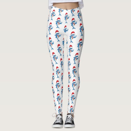 Funny Christmas shark cartoon illustration Leggings