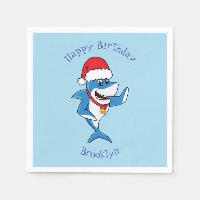Funny Christmas shark cartoon illustration Napkins (Front)