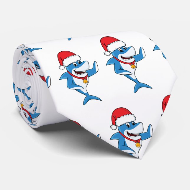 Funny Christmas shark cartoon illustration Neck Tie (Rolled)