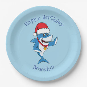 Funny Christmas shark cartoon illustration Paper Plates