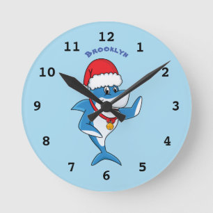 Funny Christmas shark cartoon illustration Round Clock