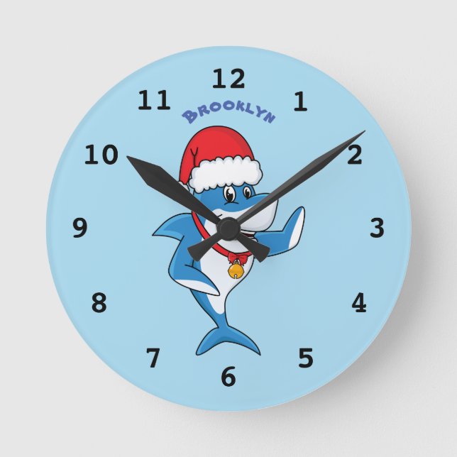 Funny Christmas shark cartoon illustration  Round Clock (Front)