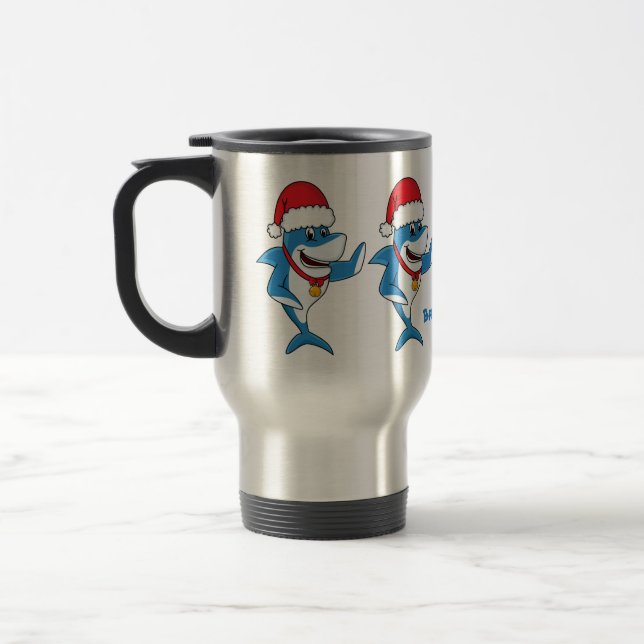 Funny Christmas shark cartoon illustration Travel Mug (Left)
