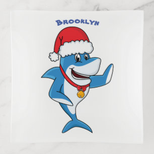 Funny Christmas shark cartoon illustration Trinket Tray