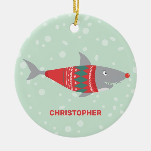 Funny Christmas Shark Ceramic Ornament (Front)