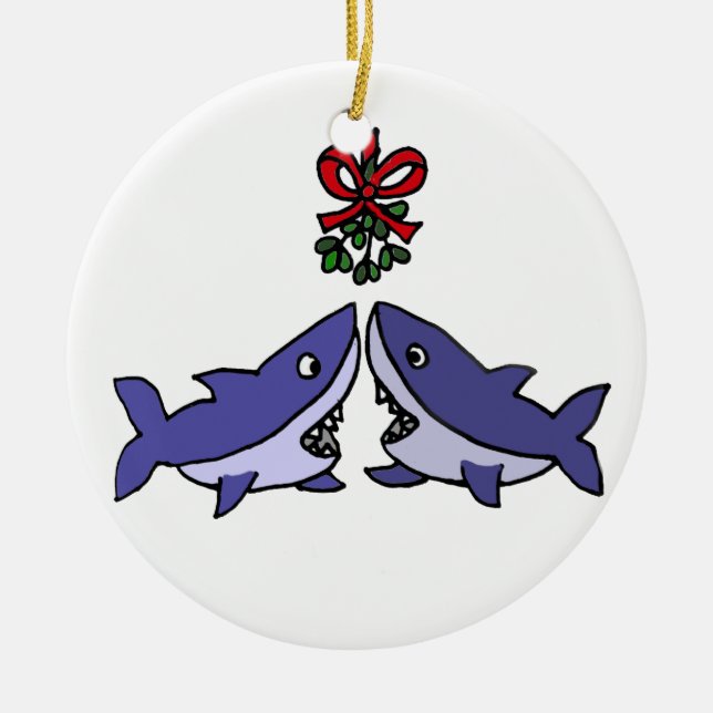 Funny Christmas Shark Mistletoe Love Ceramic Ornament (Front)