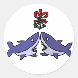Funny Christmas Shark Mistletoe Love Classic Round Sticker