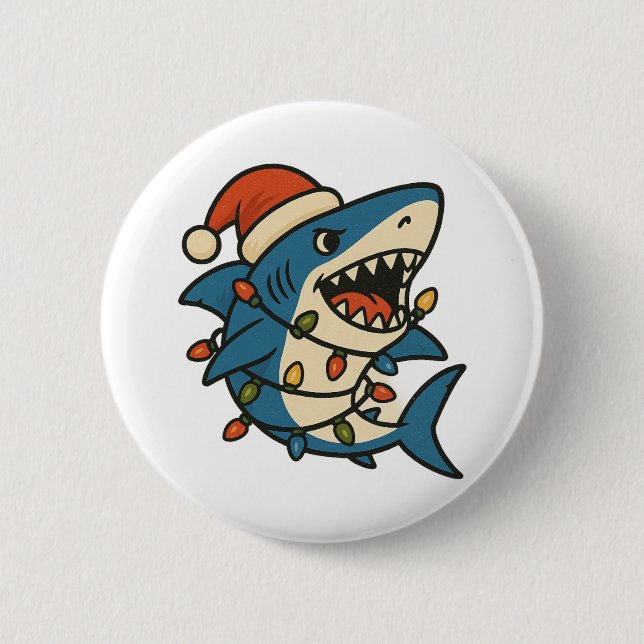 Funny Christmas Shark Santa Hat Button (Front)