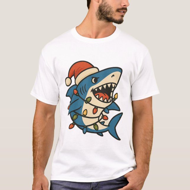 Funny Christmas Shark Santa Hat T-Shirt (Front)