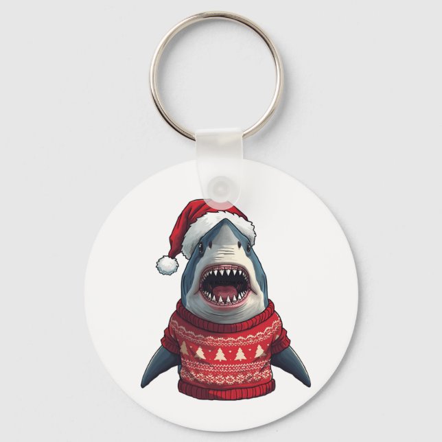 Funny Christmas Shark Ugly Sweater T-Shirt  Keychain (Front)