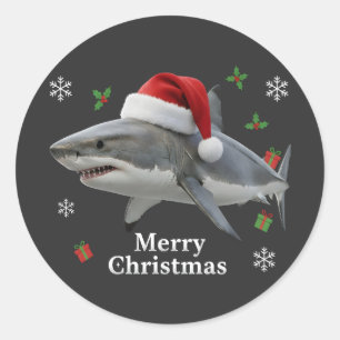 Funny Christmas Shark with Santa Hat Classic Round Sticker