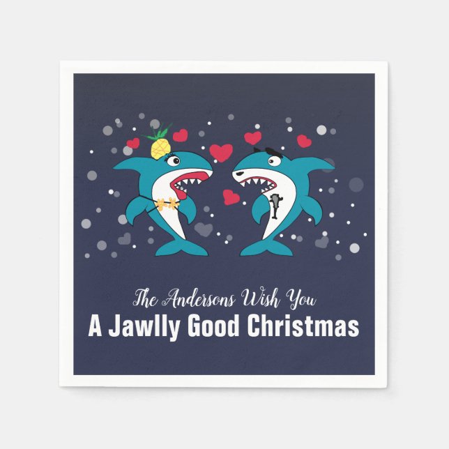 Funny Christmas Sharks Family Name Navy Napkins (Front)