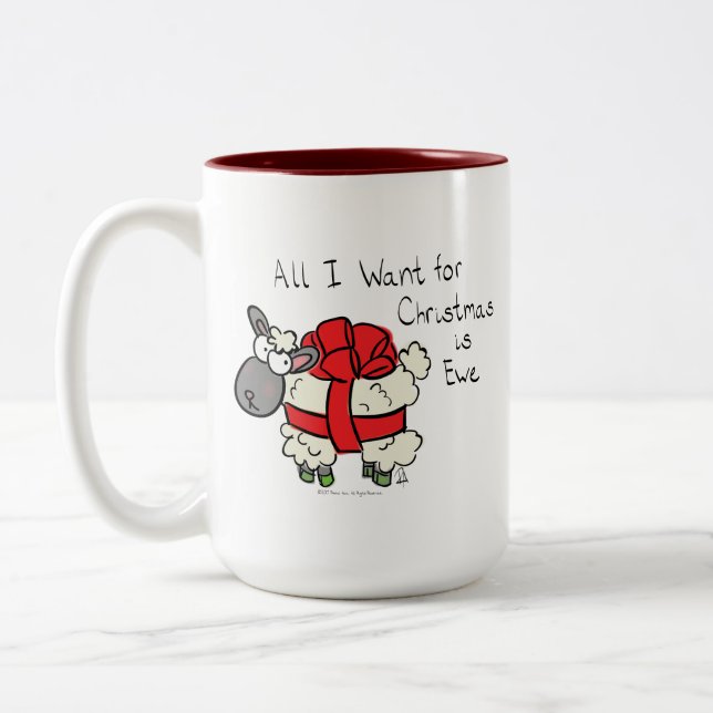 Funny Christmas Sheep Cartoon Two-Tone Coffee Mug (Left)