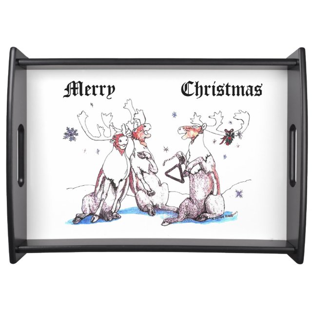 Funny Christmas Singing Caribou Whimsical Animal Serving Tray (Front)