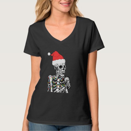 Funny Christmas Skeleton Drinking Coffee Santa Hat T_Shirt
