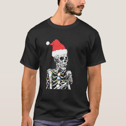 Funny Christmas Skeleton Drinking Coffee Santa Hat T_Shirt