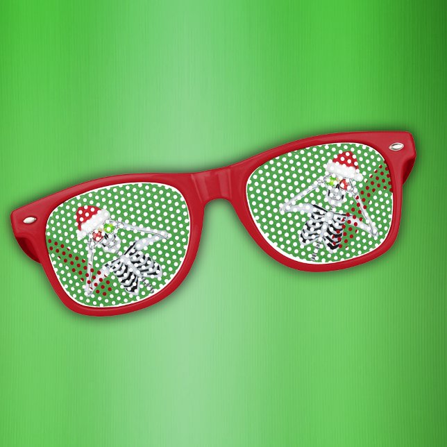 Funny Christmas Skeleton Hat Ornaments on Green Retro Sunglasses (Funny Christmas Skeleton in Santa Hat Holding ornaments on Red Retro Party glasses.)