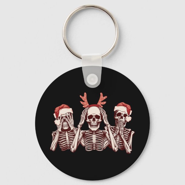 Funny Christmas Skeleton See Hear Speak No Evil  Keychain (Front)